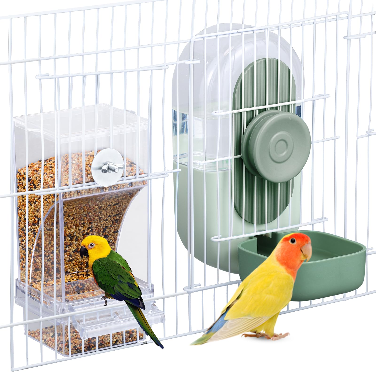 Lemtrflo no mess bird feeder image showing a clean, clutter-free cage feeding setup.