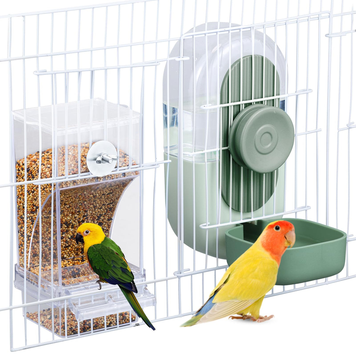 Lemtrflo no mess bird feeder image showing a clean, clutter-free cage feeding setup.