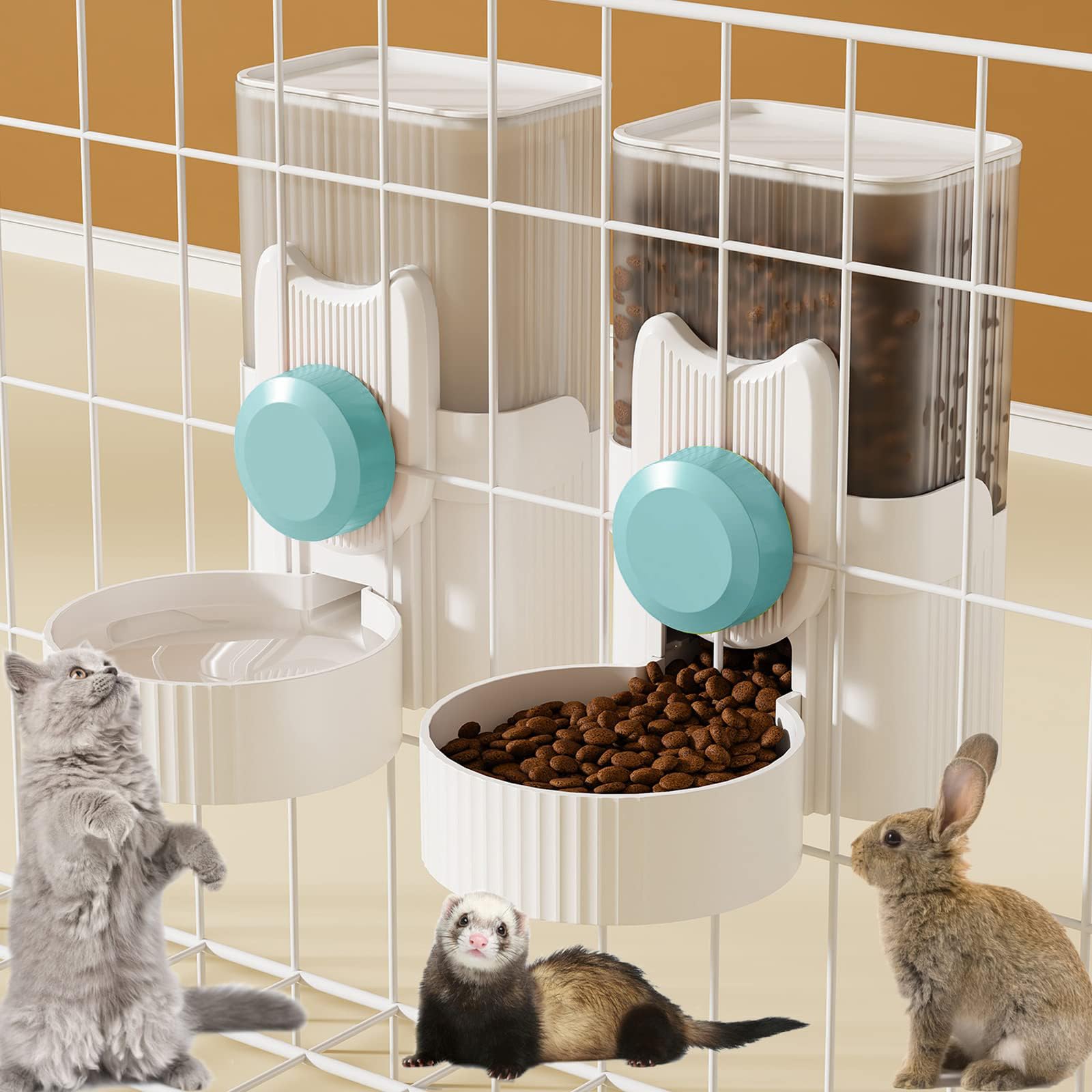 Lemtrflo Rabbit Feeder hanging design shows space-saving cage setup.