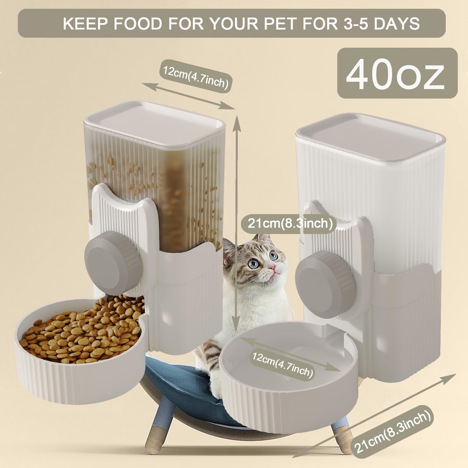 Lemtrflo rabbit feeder shows dimensions 8.3 x 8.3 x 4.7 inches and 40 oz capacity