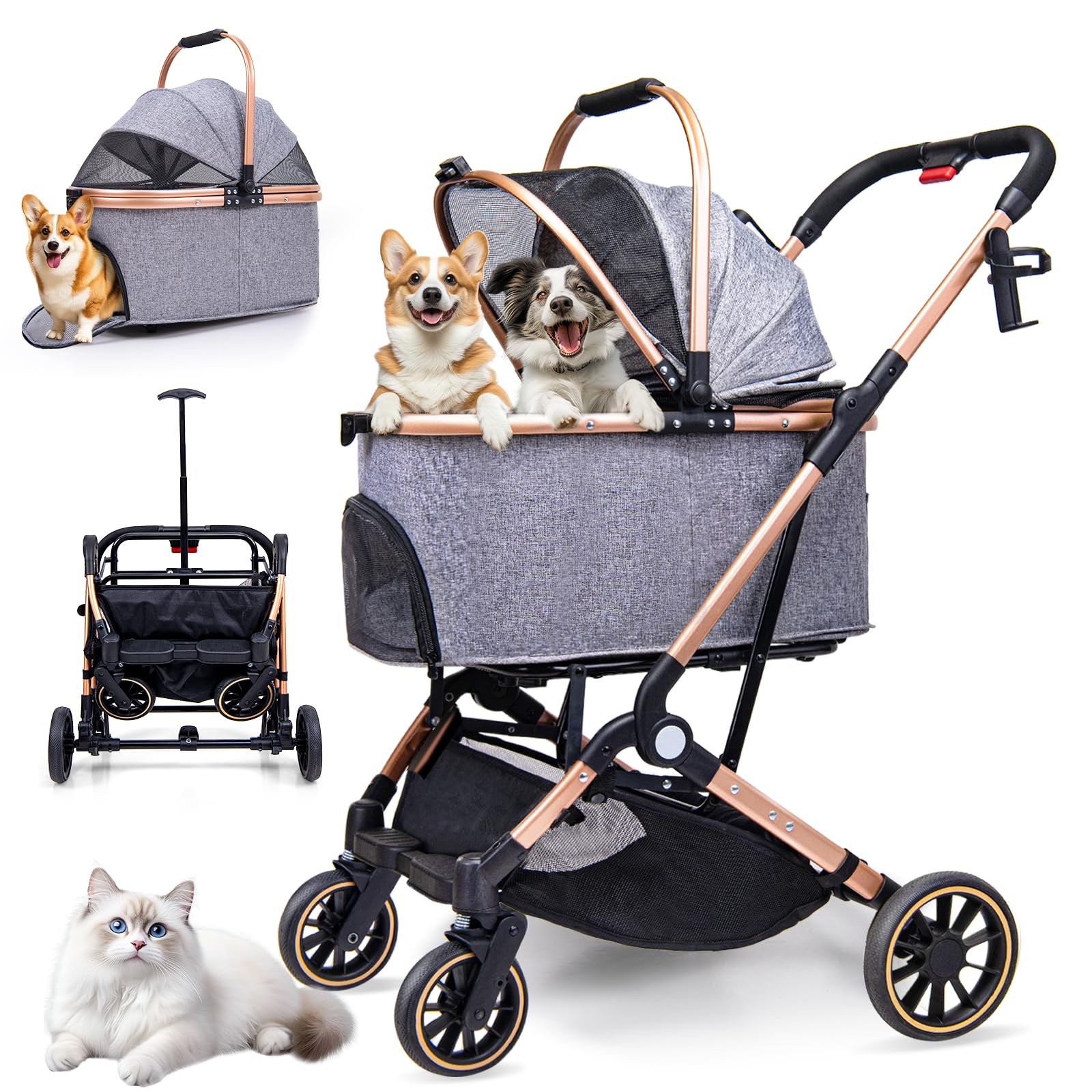 LENSEMUS dog stroller frame highlights durable carbon steel for durable outdoor use.