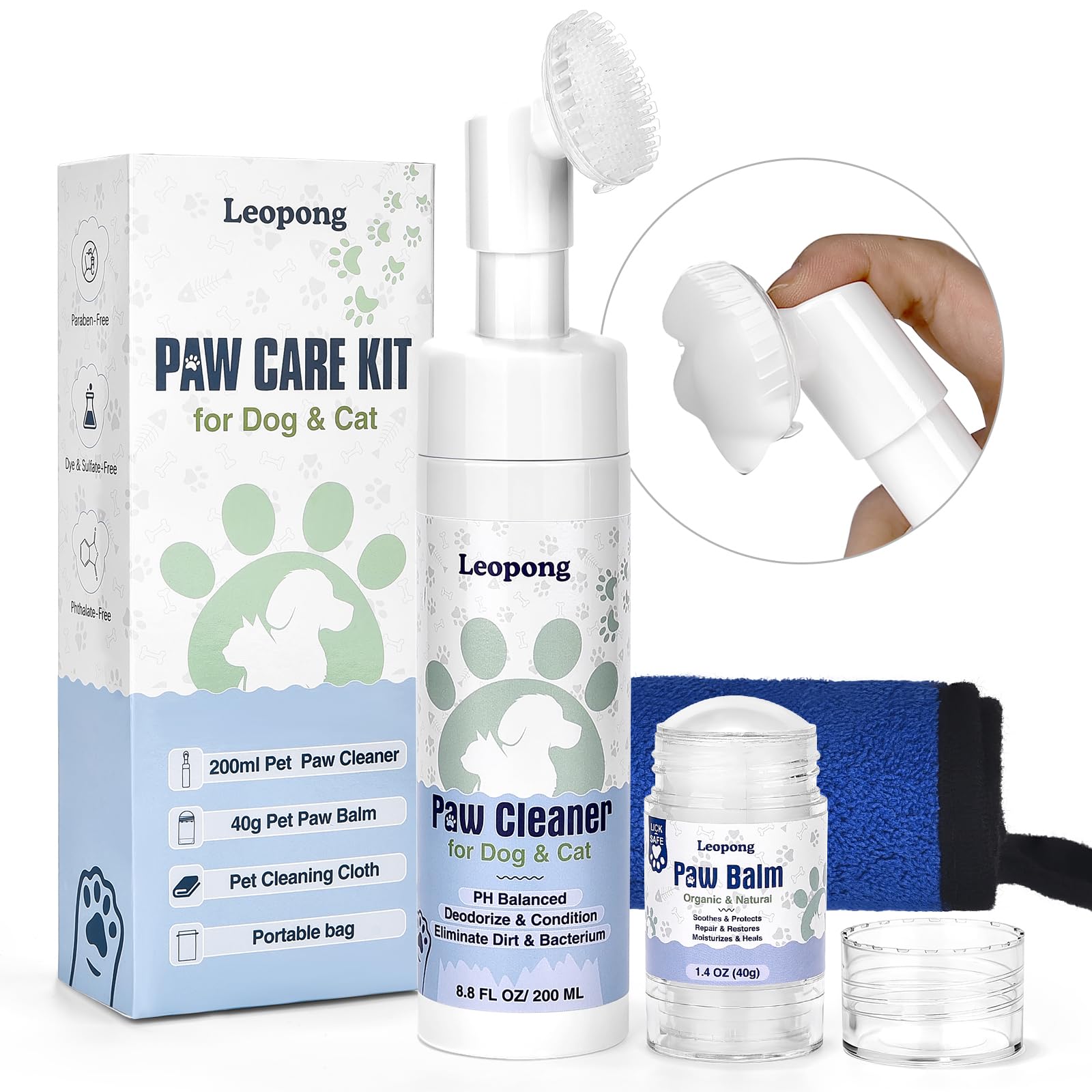 Leopong dog paw cleaner bottle demonstrates quick, gentle cleansing for dirty paws