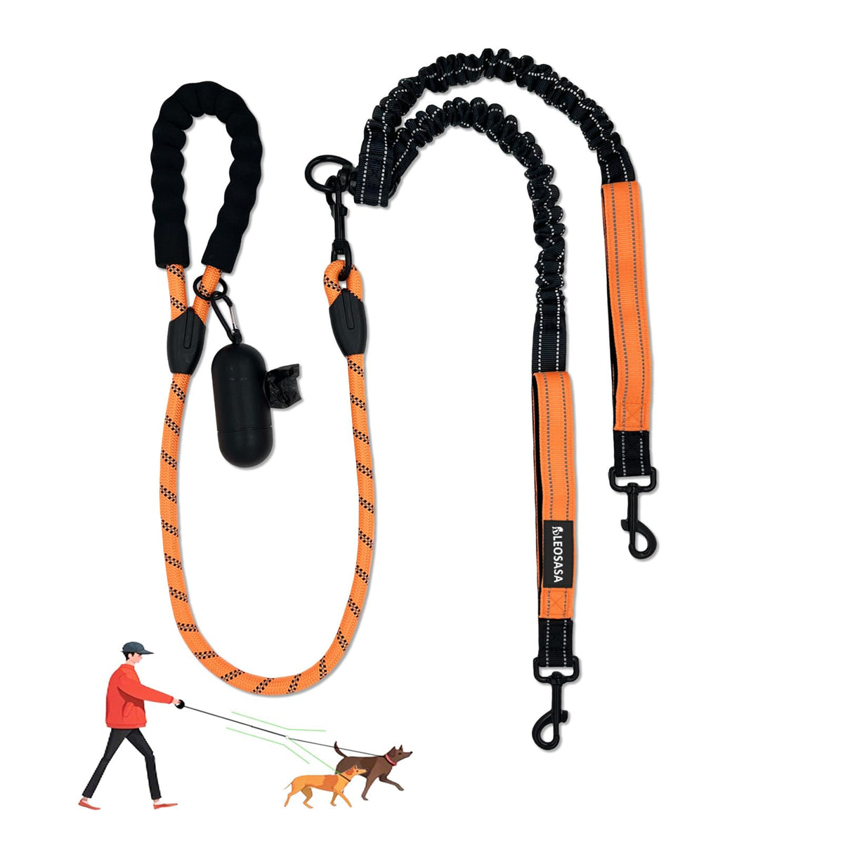 LEOSASA Double Dogs Leash with detachable main rope for two-pet walks.