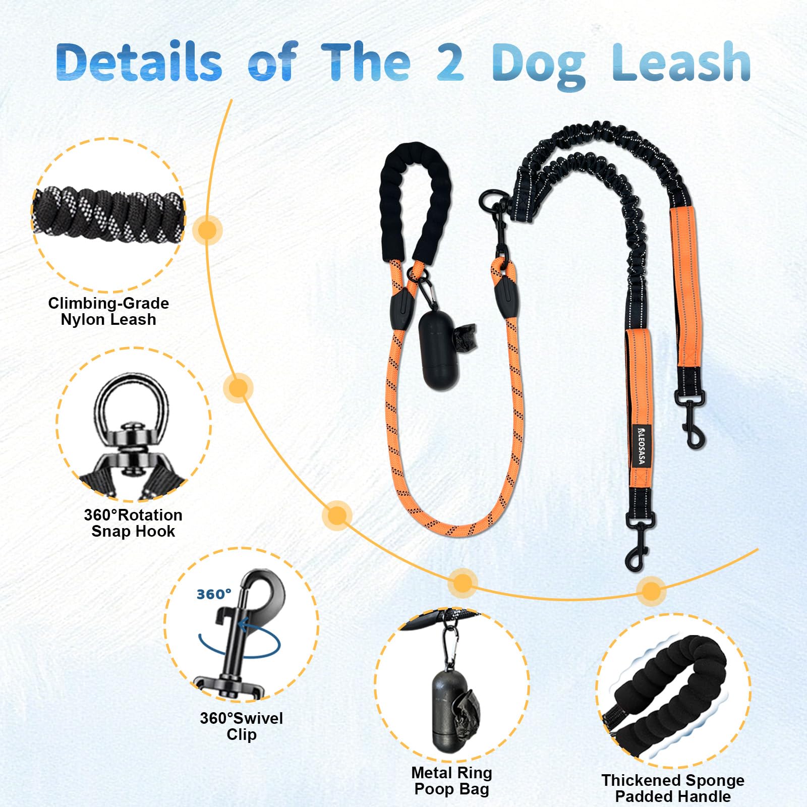LEOSASA No-Tangle swivel prevents leash twisting during fast-paced walks.