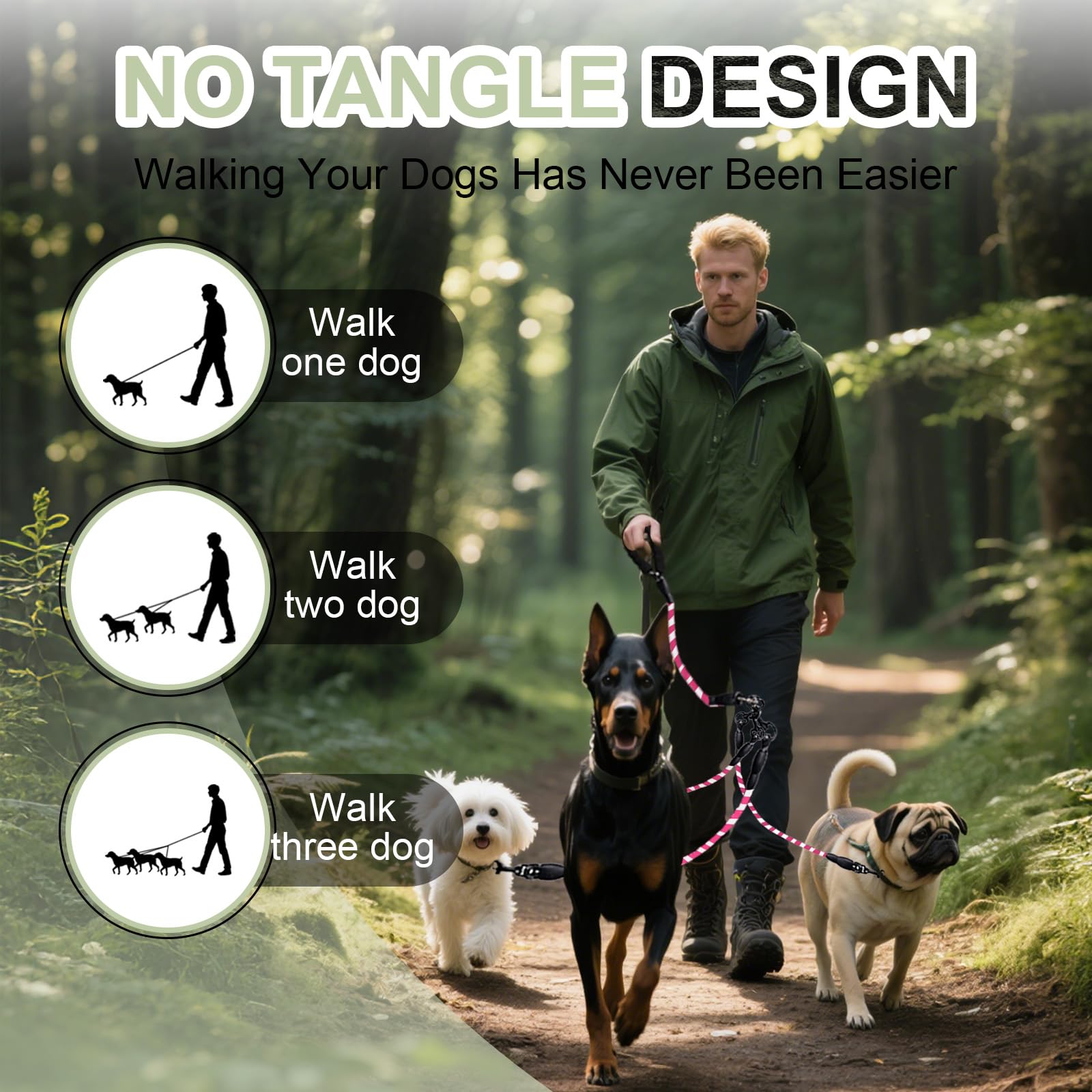 LEOSASA No Tangle 3 Dog Leash 360° rotating hooks reduce tangling while dogs range freely.