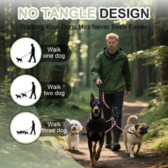 LEOSASA No Tangle 3 Dog Leash 360° rotating hooks reduce tangling while dogs range freely.