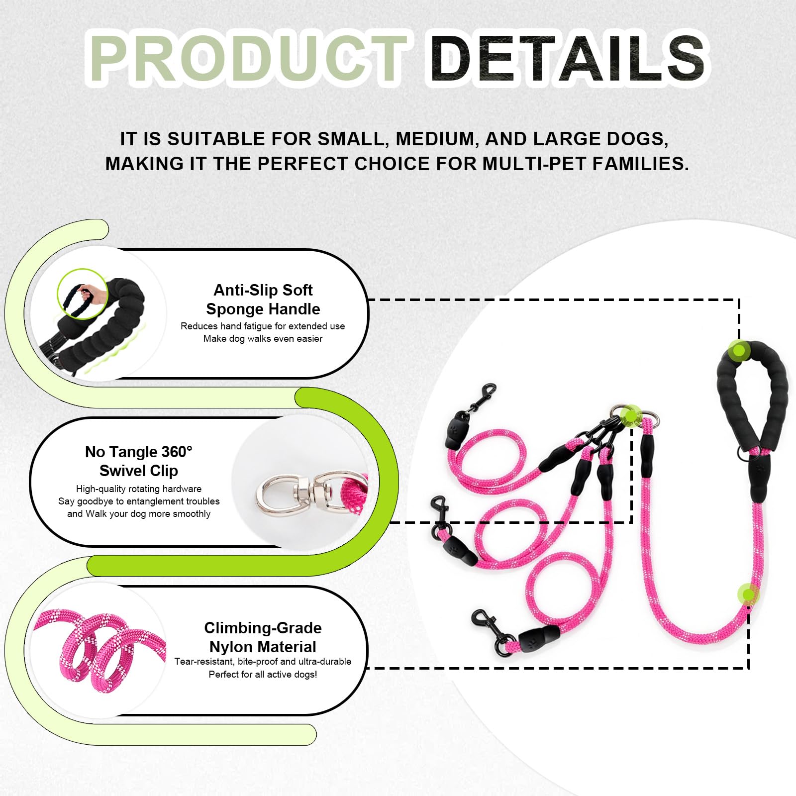 LEOSASA No Tangle 3 Dog Leash durable nylon construction supports long outdoor use.
