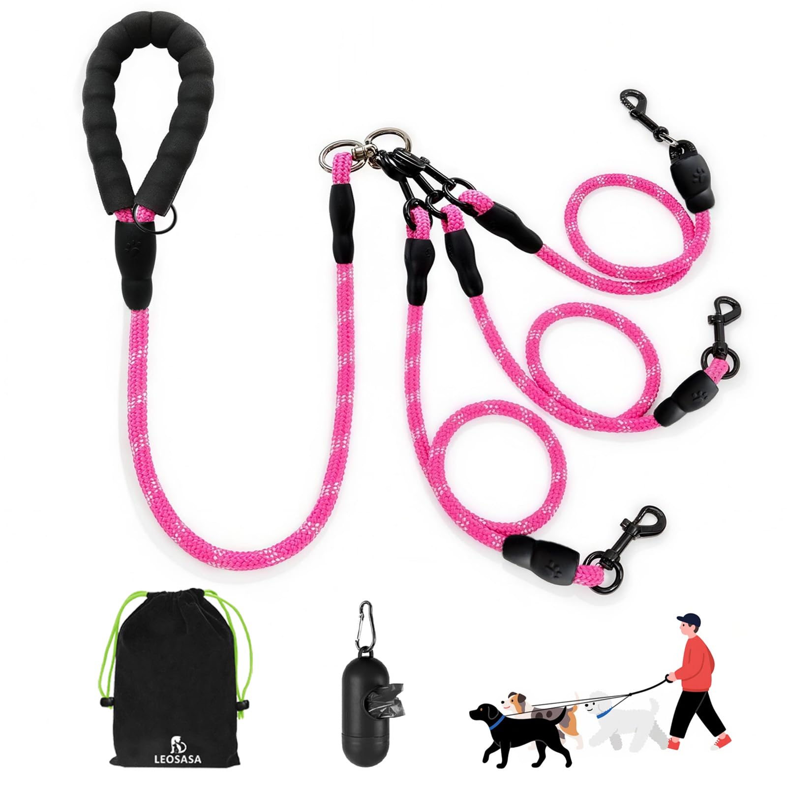 LEOSASA No Tangle 3 Dog Leash main leash shows comfortable padded grip for daily walks.