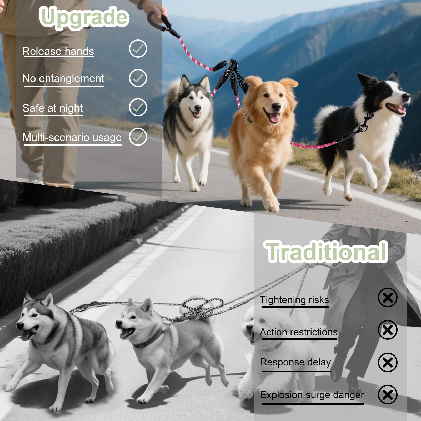 LEOSASA No Tangle 3 Dog Leash sponge padded handle provides comfortable grip for extended outings.