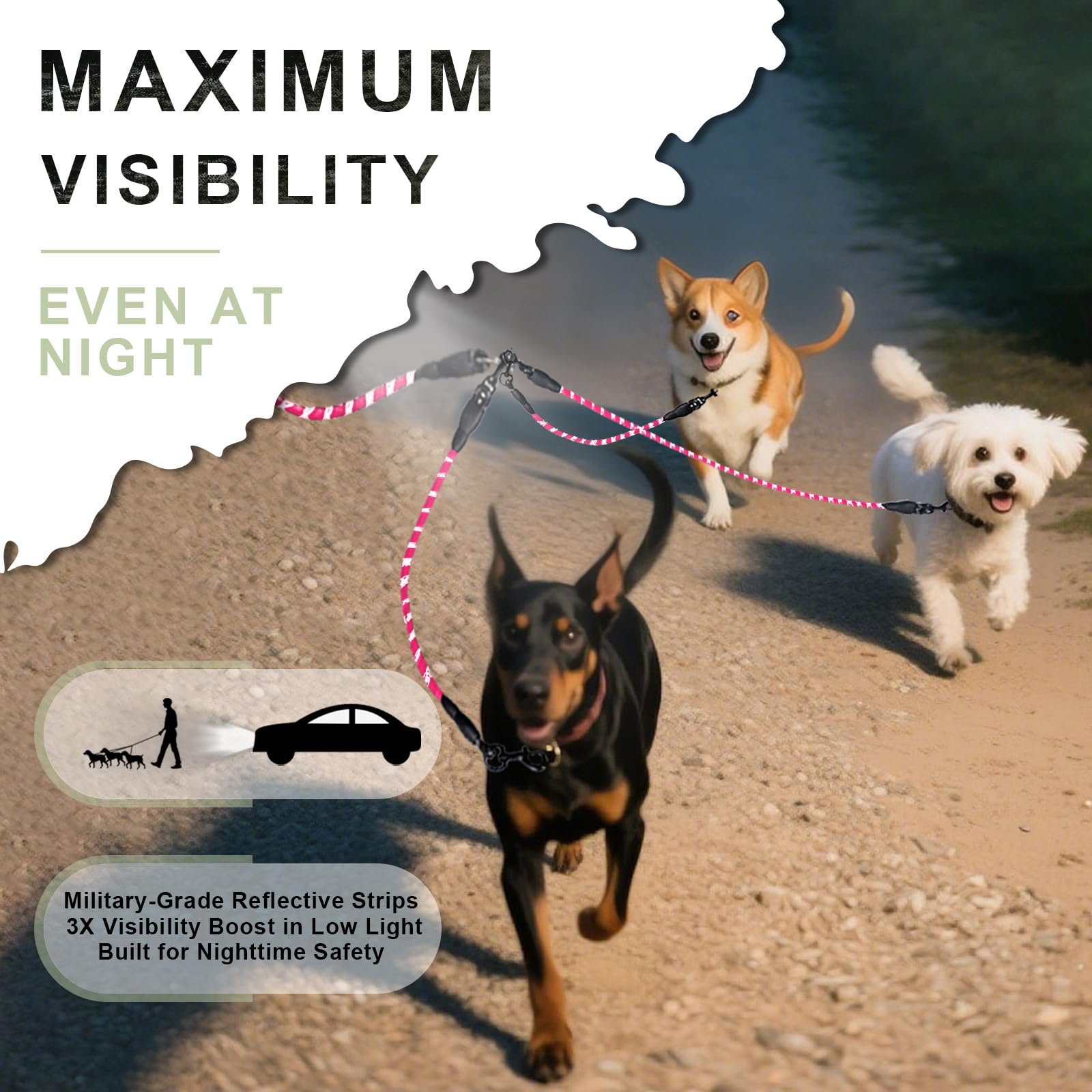 LEOSASA No Tangle 3 Dog Leash reflective stitching enhances visibility during low-light walks.