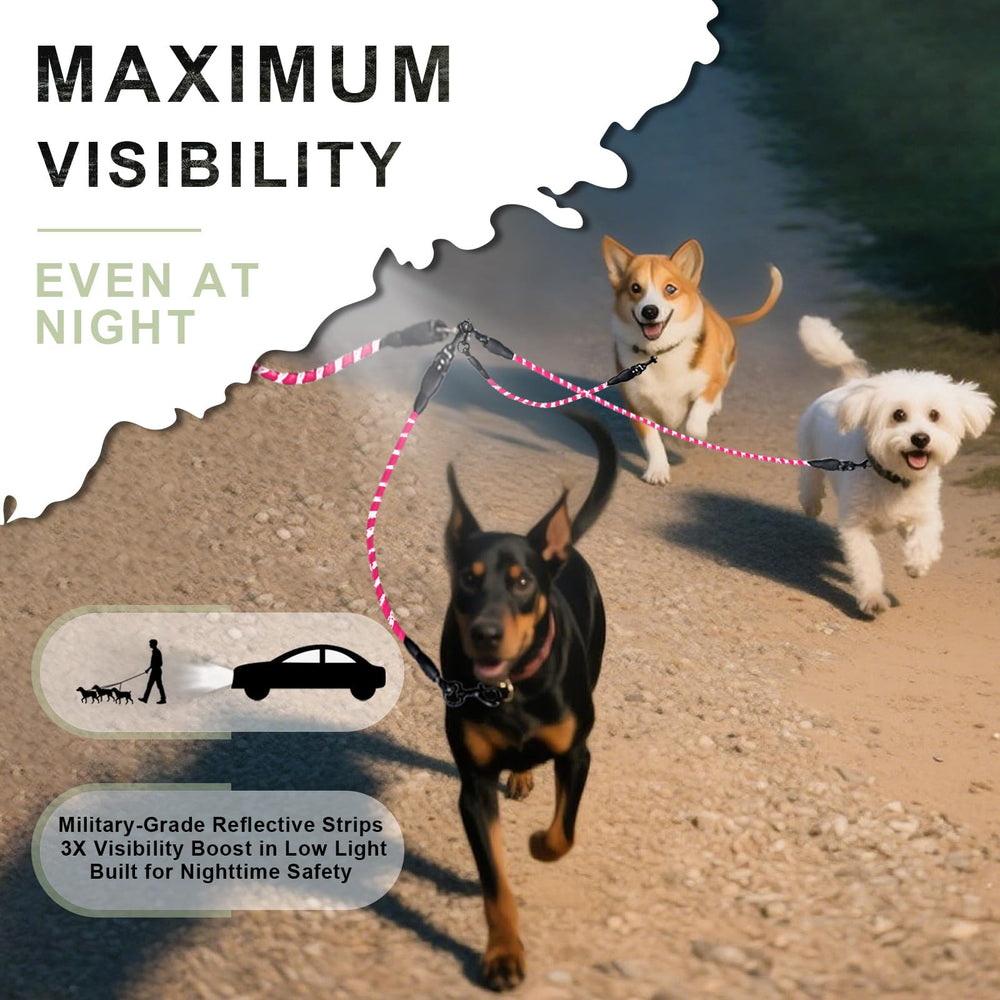 LEOSASA No Tangle 3 Dog Leash reflective stitching enhances visibility during low-light walks.