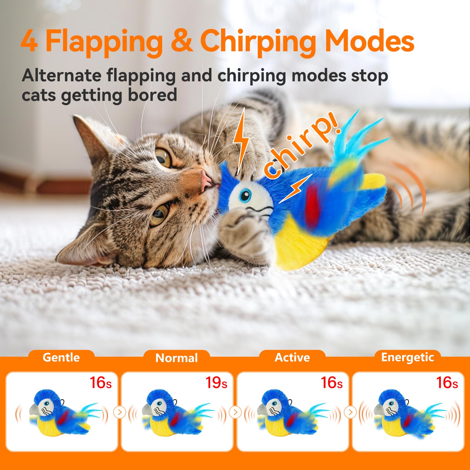 Lepawit bird-wings-flap-action highlights chirping sounds to attract cat attention.