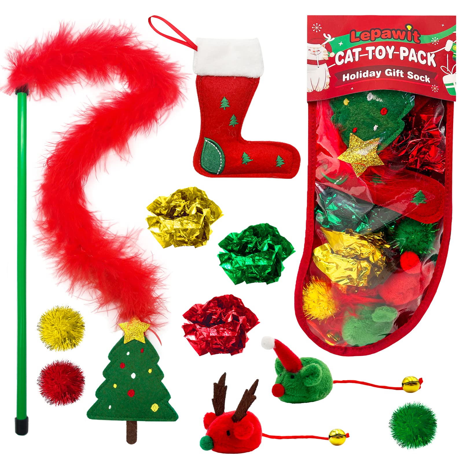 Lepawit Cat Christmas Stocking with festive toys for indoor cats, easing boredom