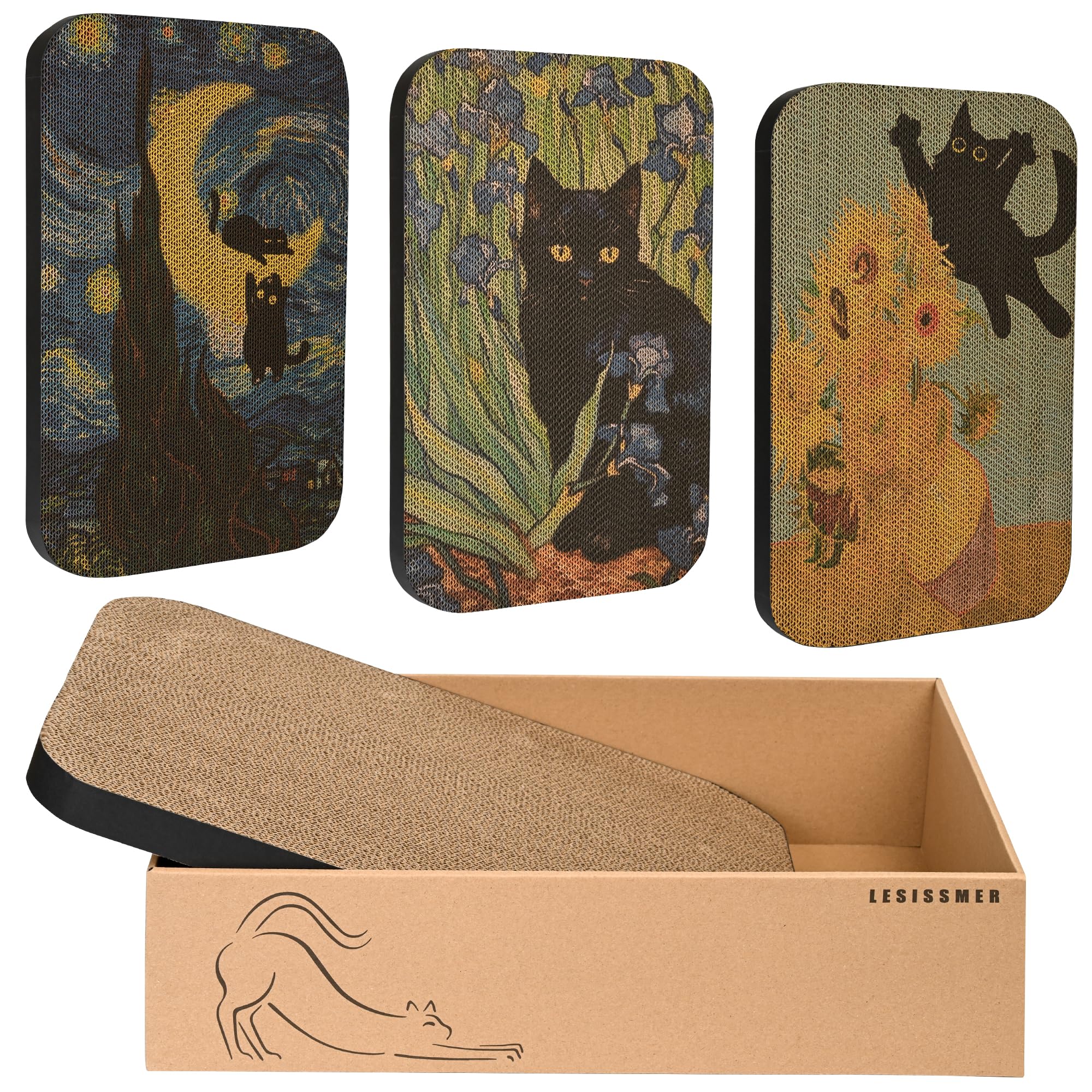 Lesissmer Art Cat Scratcher wall-mount setup showcasing decorative boards and space-saving benefit