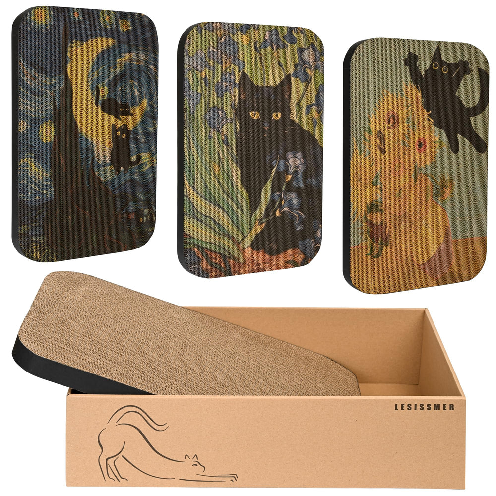Lesissmer Art Cat Scratcher wall-mount setup showcasing decorative boards and space-saving benefit