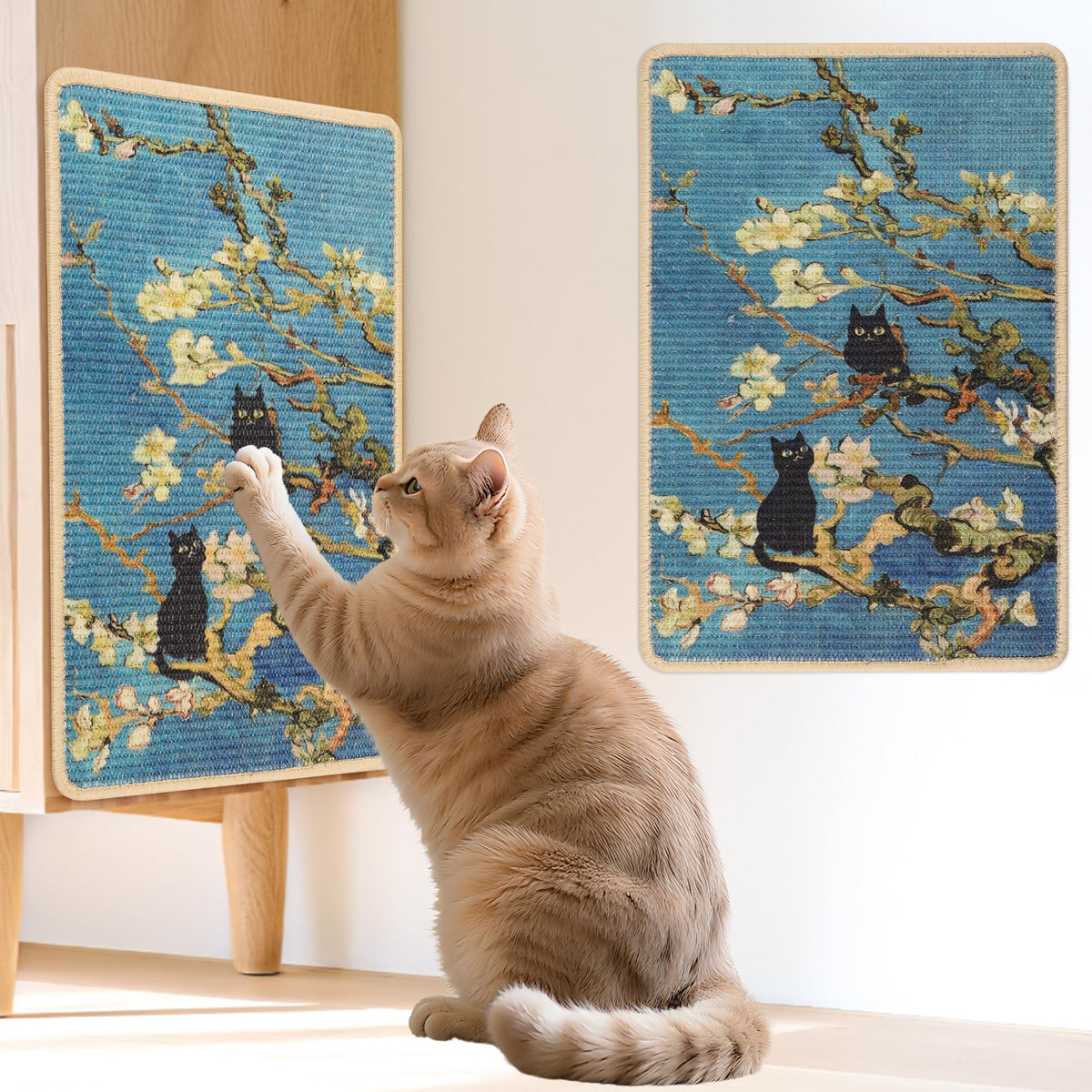 Lesissmer sisal scratch mat wall-mounted Almond Blossoms protects furniture with a dedicated scratching space.