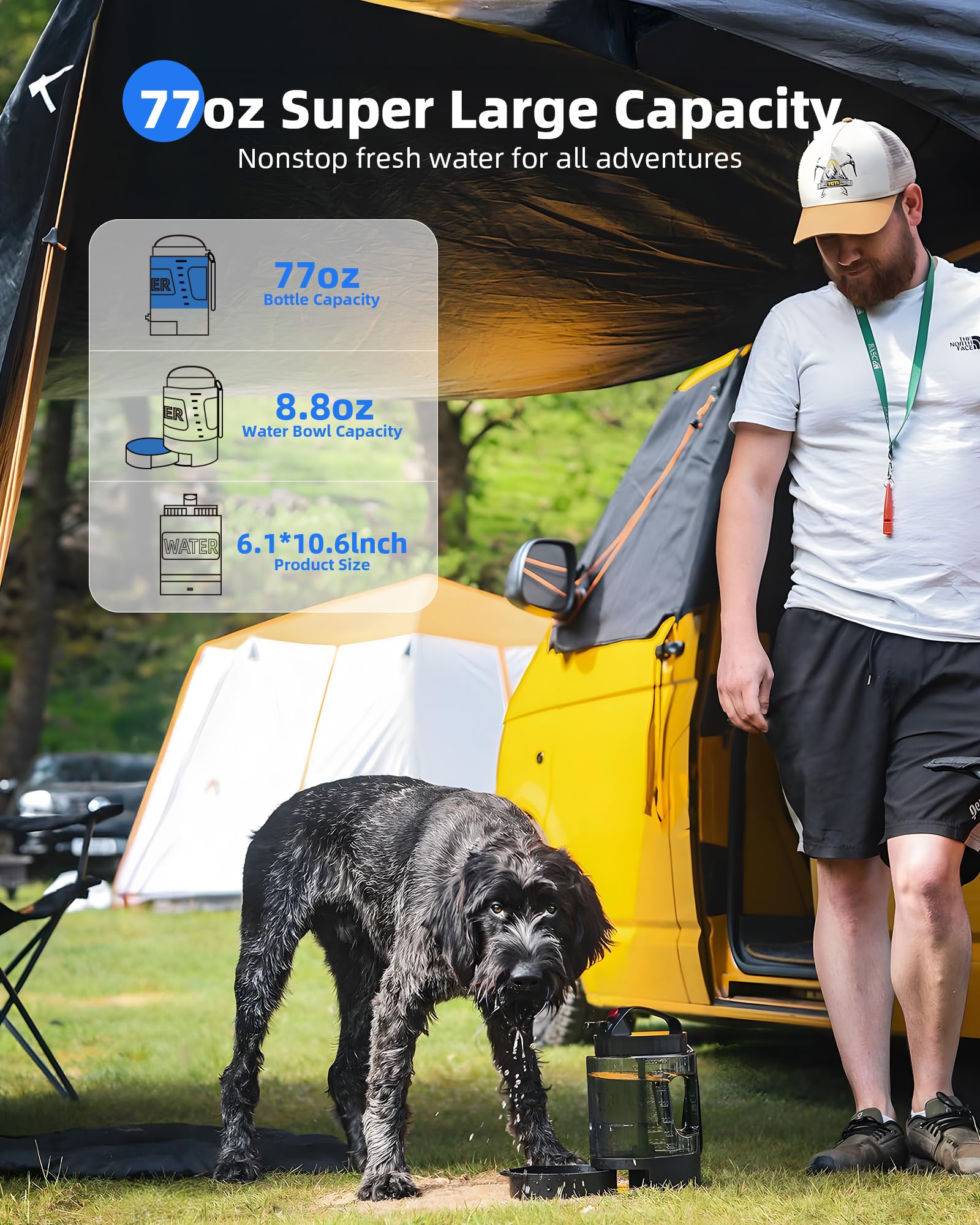 lesotc dog travel water bottle built-in bowl in use during on-the-go hydration