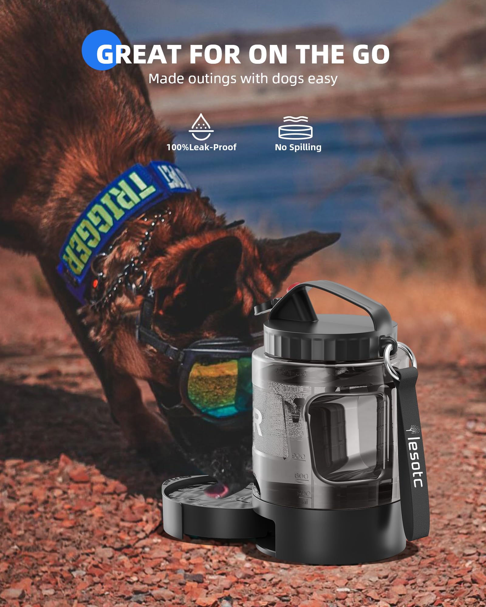 lesotc dog travel water bottle in camp setting with strap