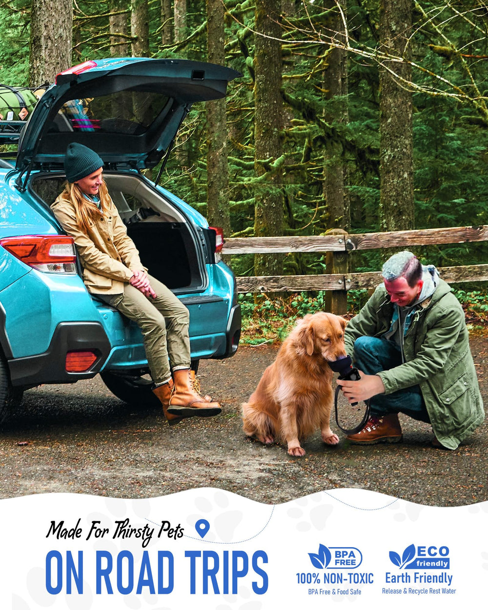 Lesotc dog water bottle extended strap for hands-free carrying.