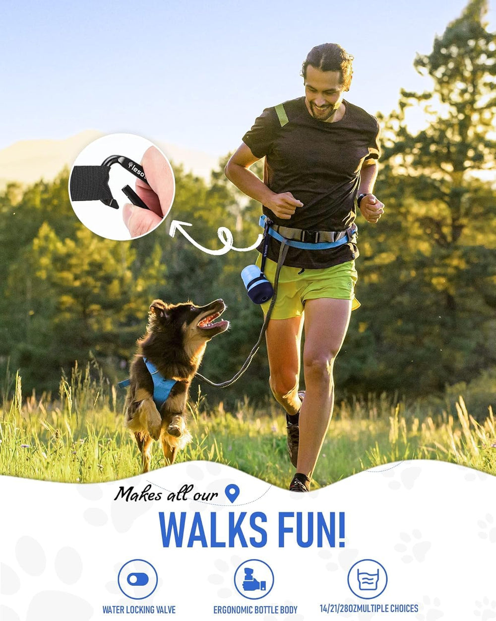 Lesotc dog water bottle leak-proof push-button lock prevents spills during travel