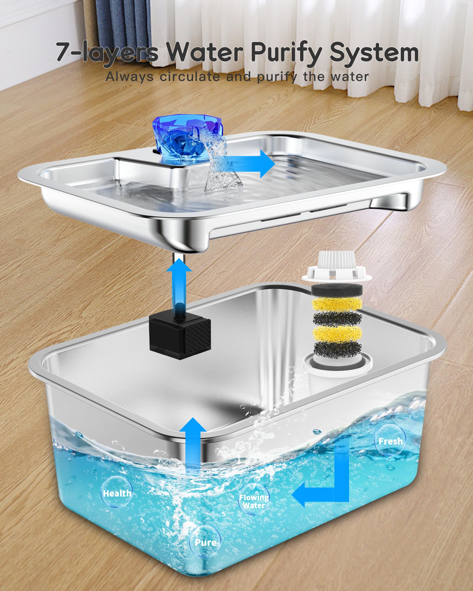 Lesotc large dog water fountain pour spout with crystal-diamond flow attracts pets to drink