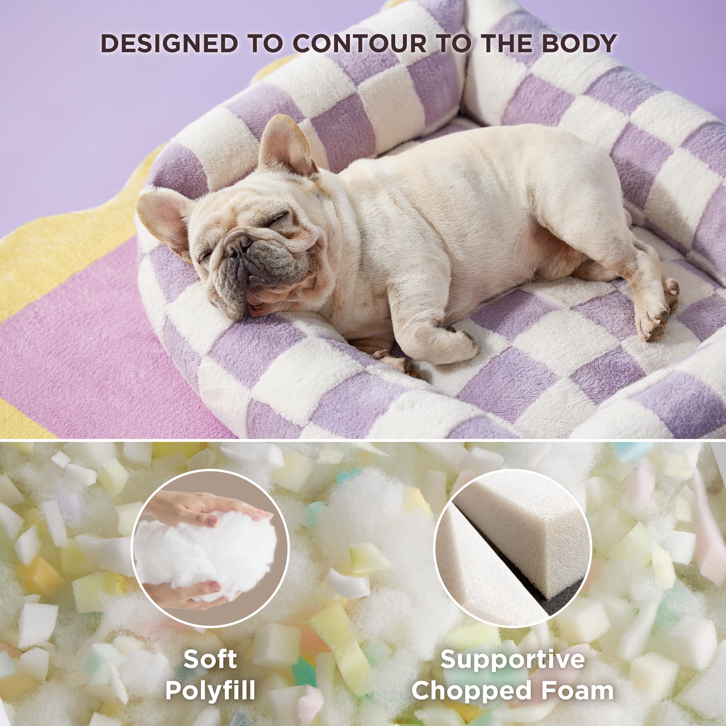 LE SURE dog bed side view highlights raised corners for neck and head comfort.