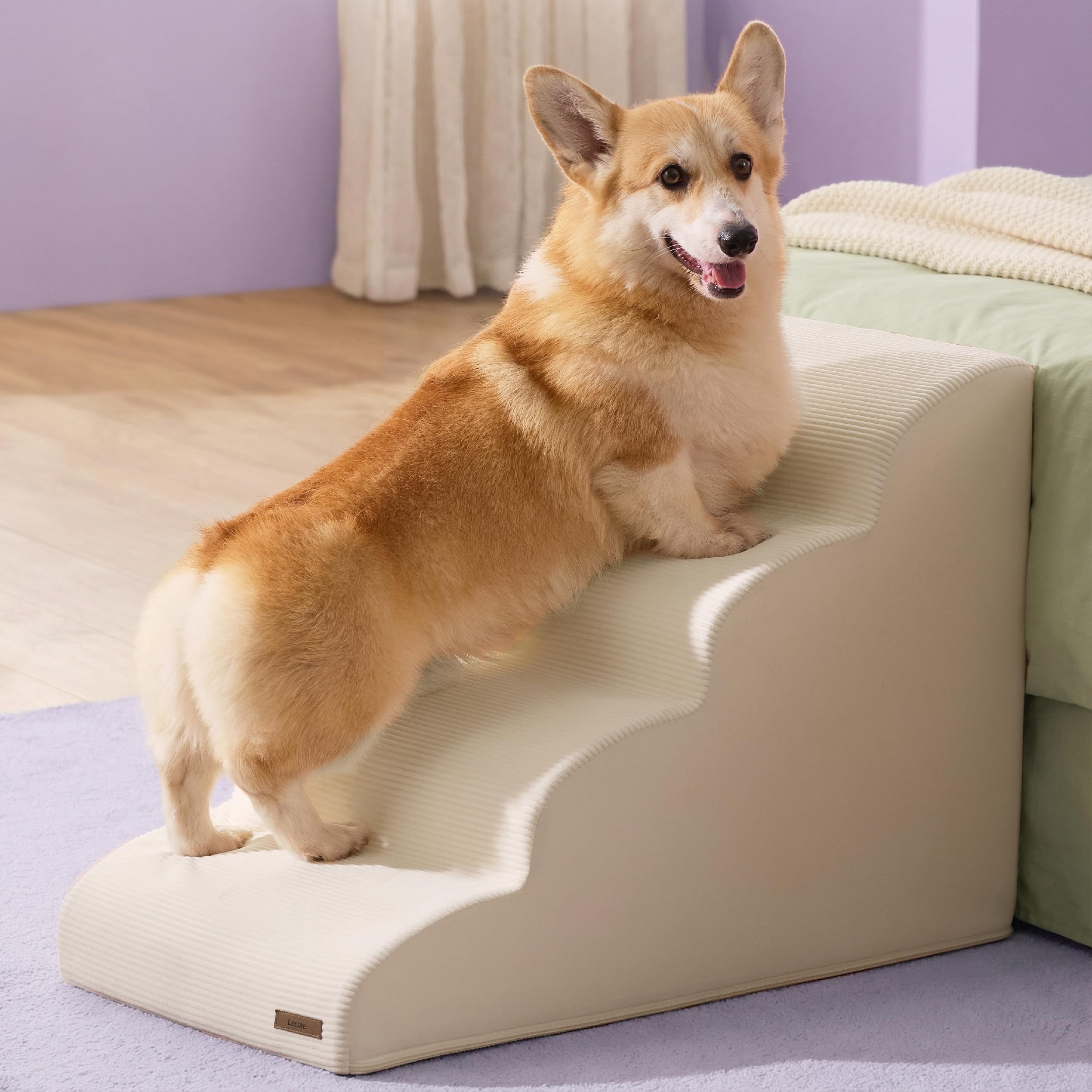 LE SURE Dog Stairs in beige with 4 steps provide safe, easy bed access for small dogs.