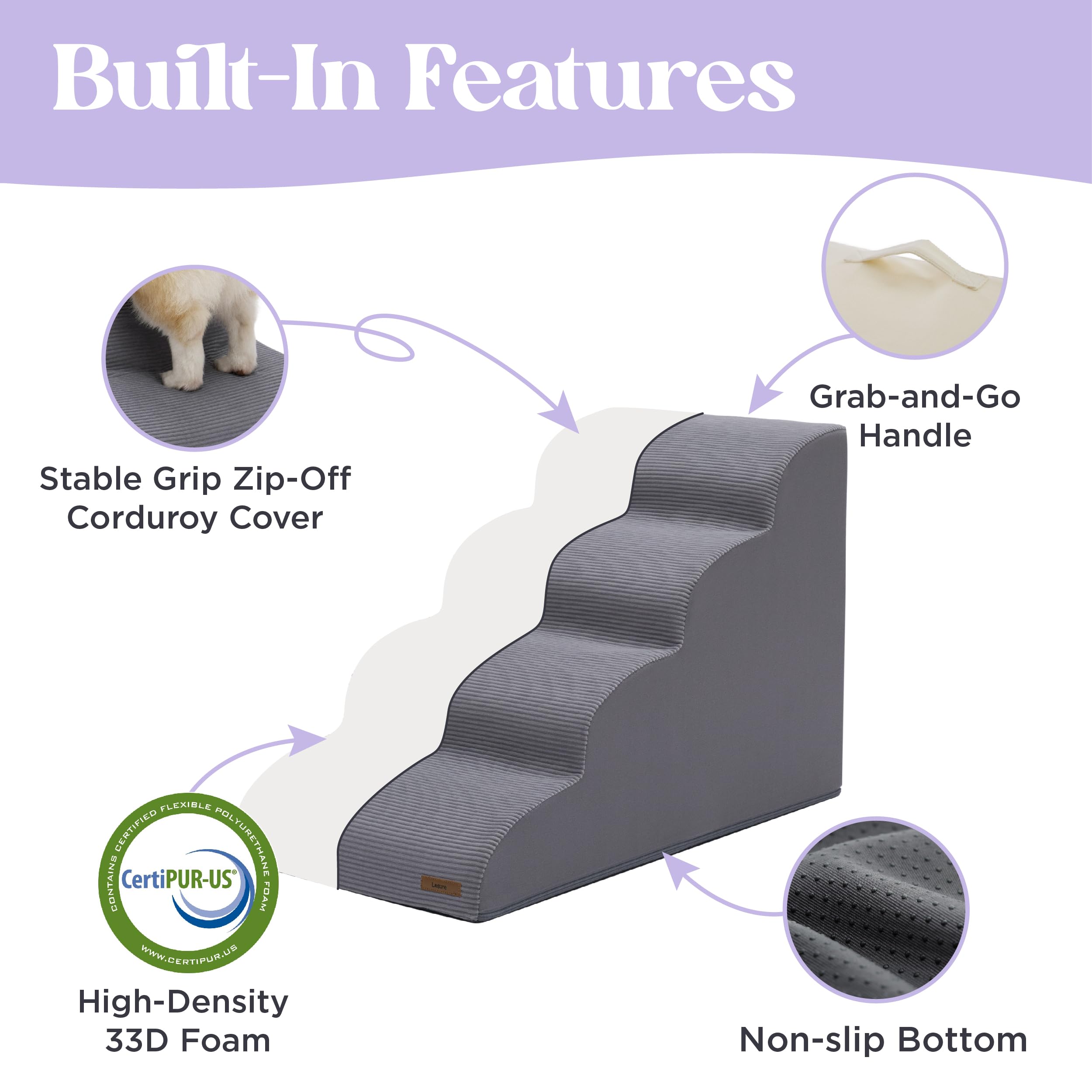 LE SURE Lesure dog stairs grey corduroy cover highlighting non-slip stability.
