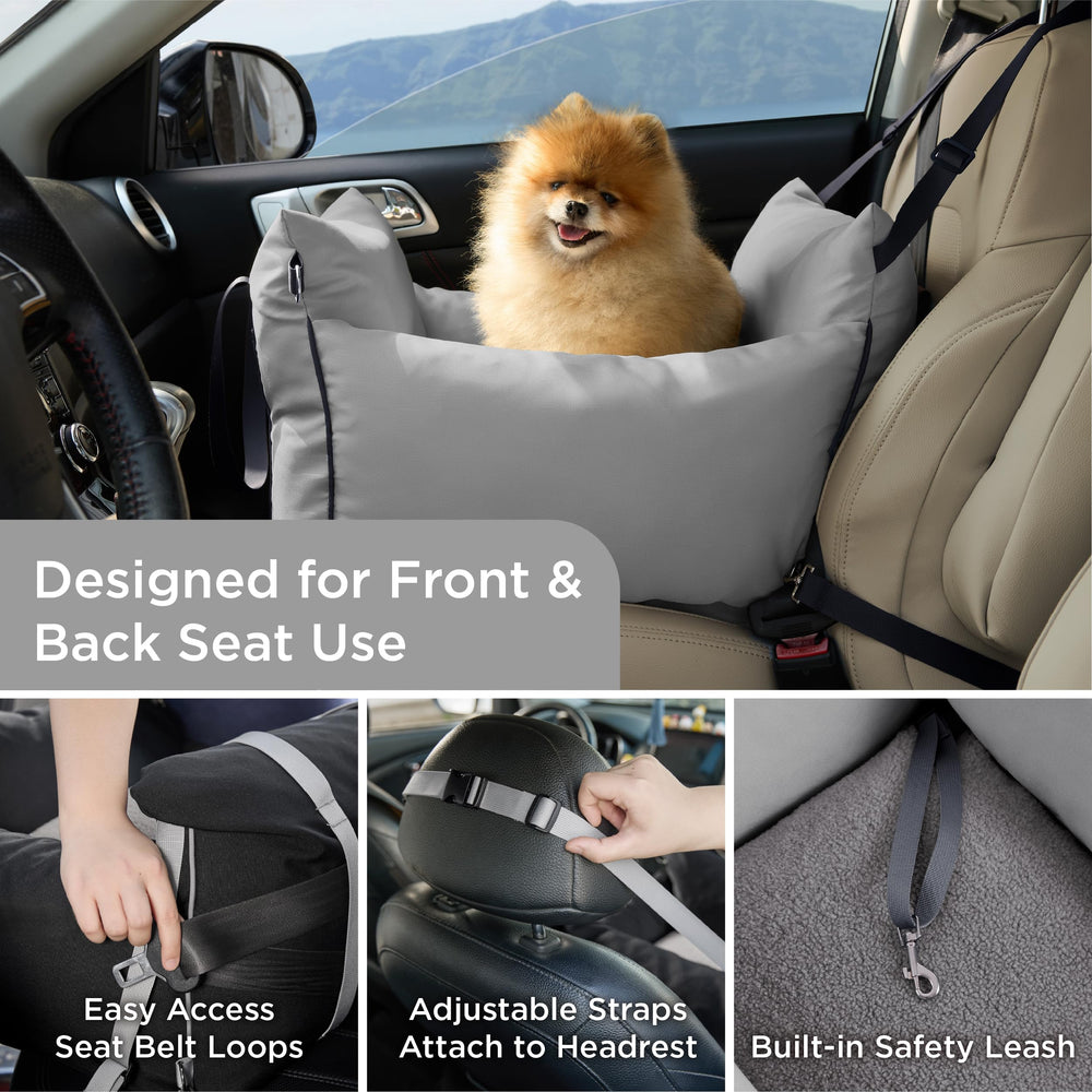 LE SURE Lesure car seat with storage pocket keeps treats and toys organized.