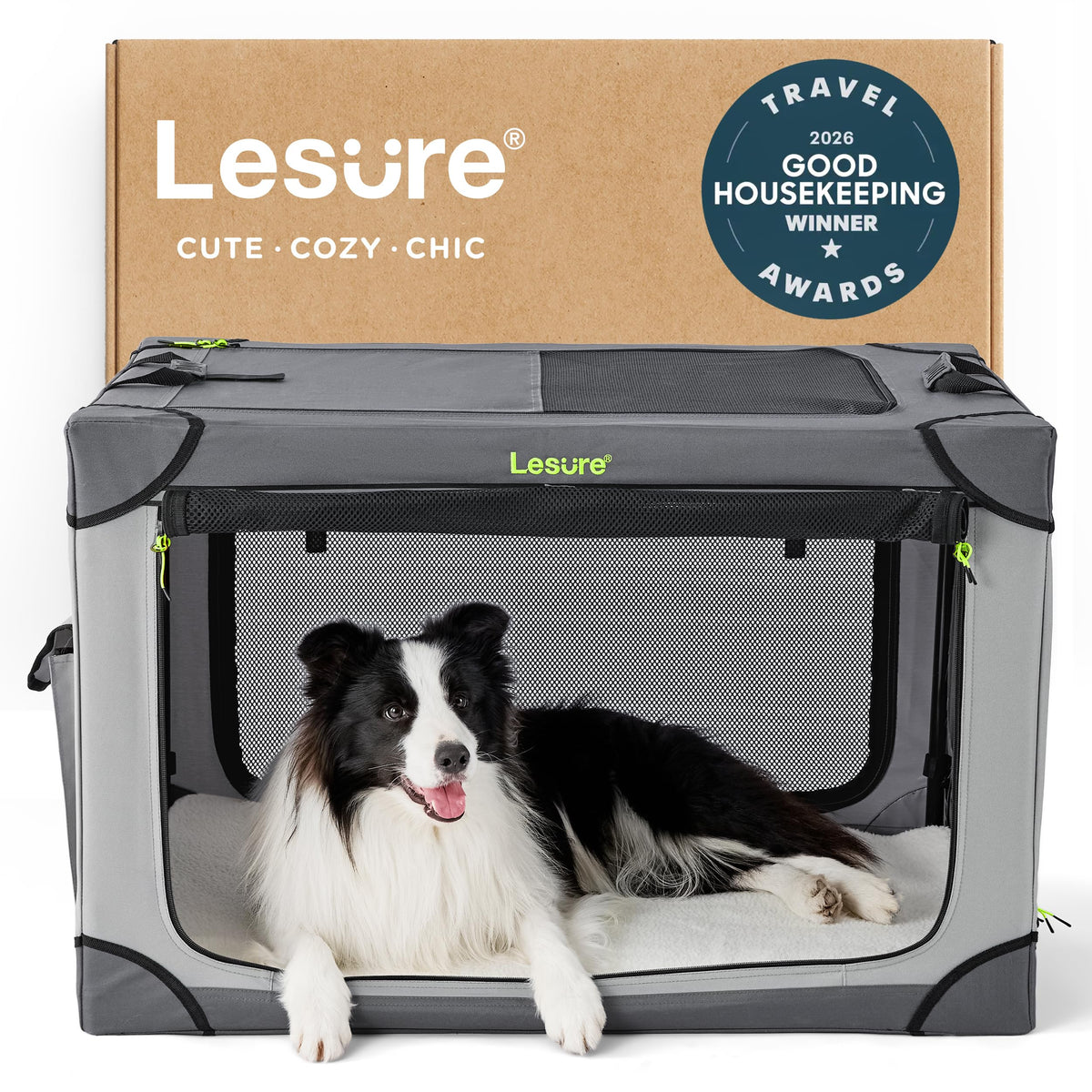 LE SURE soft collapsible dog crate folded for compact travel storage.