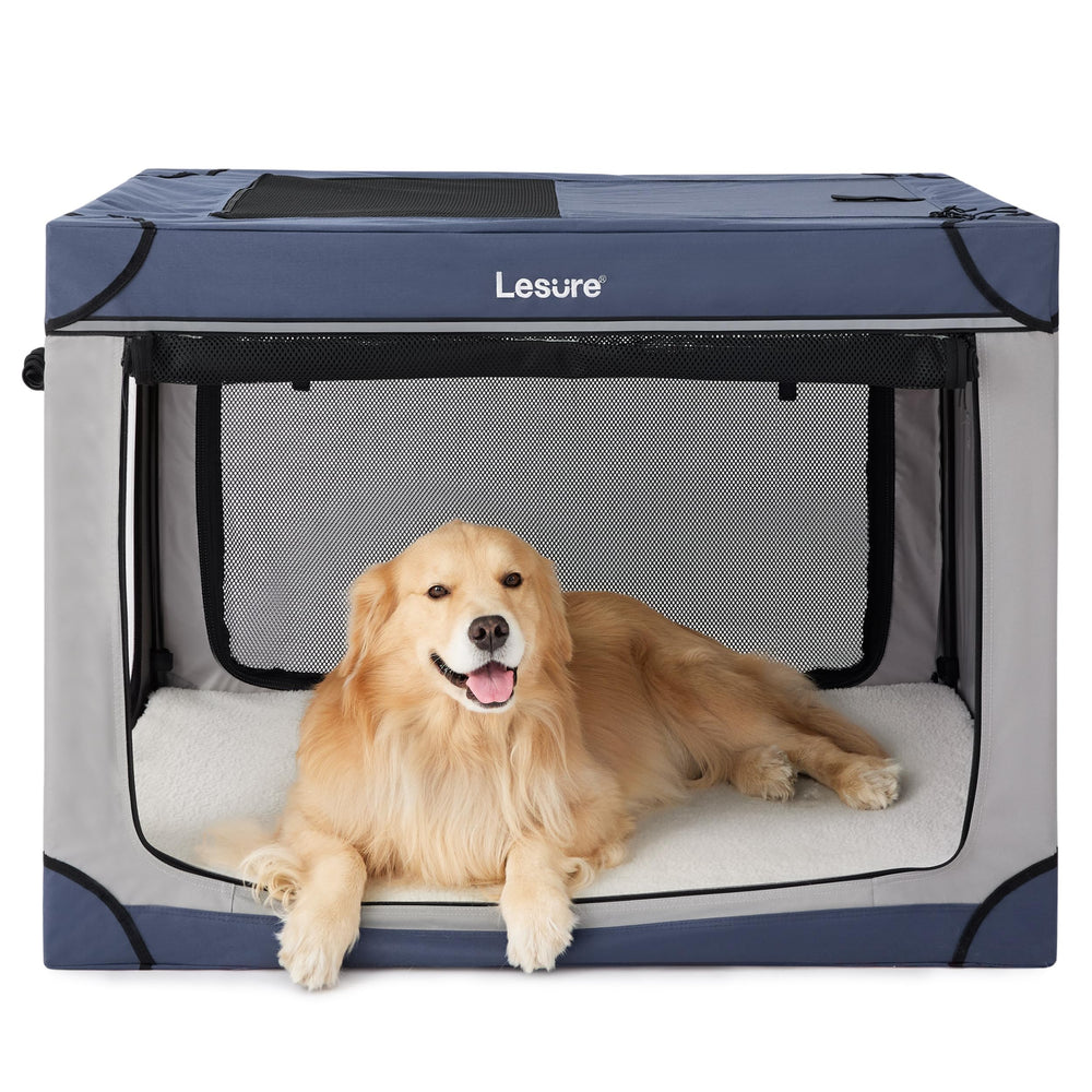 LE SURE Lesure soft collapsible crate 42inch blue, assembled for travel and easy containment.