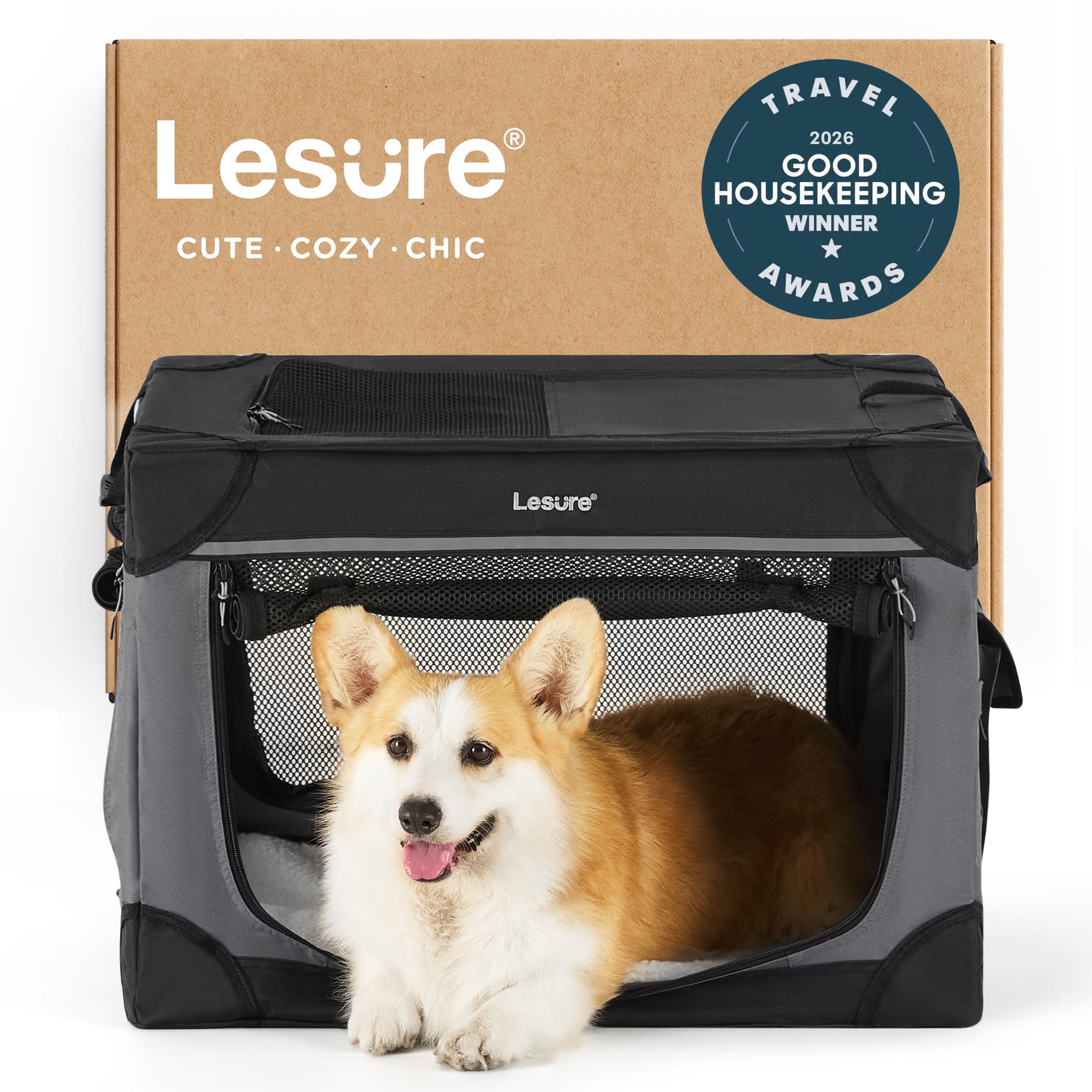 LE SURE soft-collapsible dog crate folded for travel with portable setup