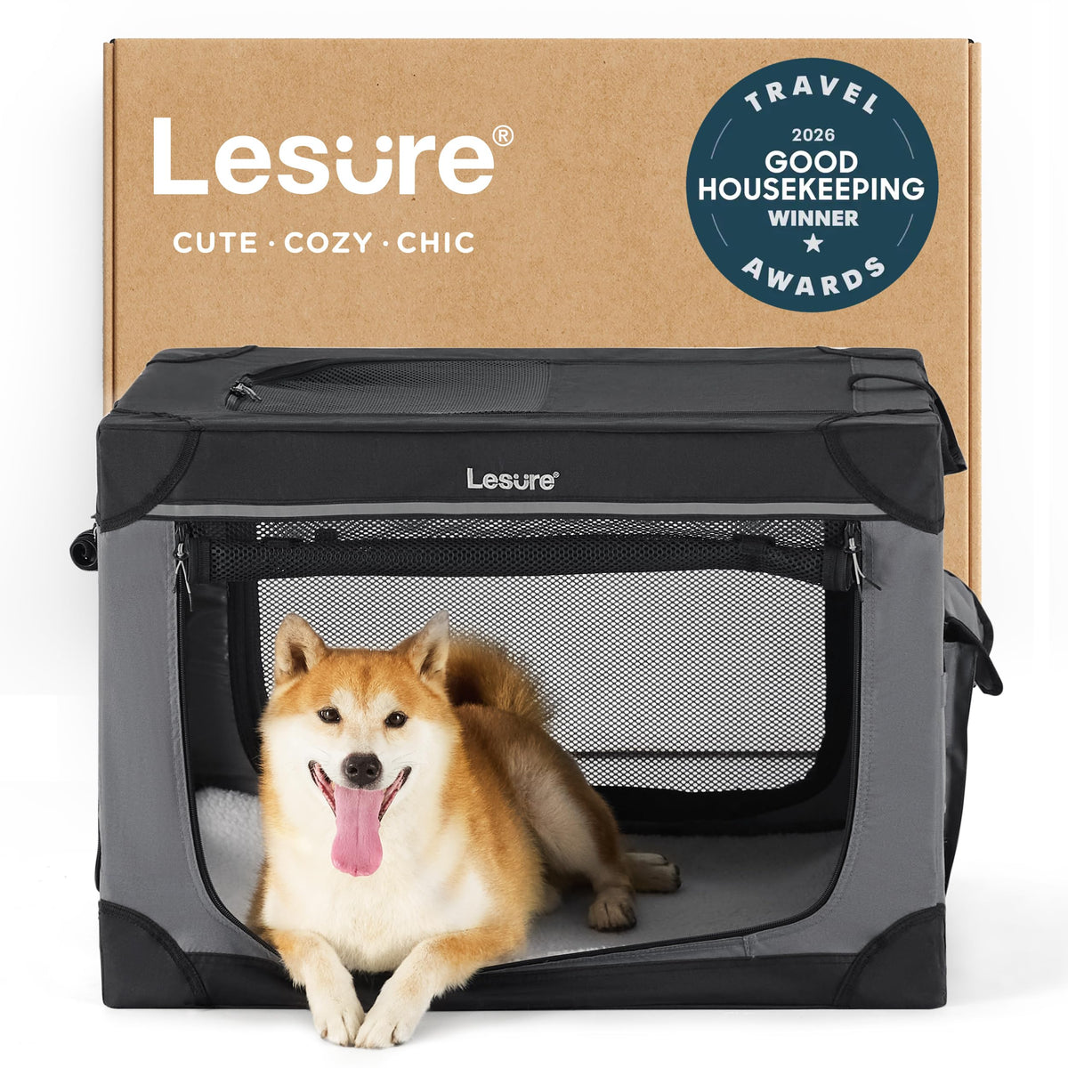 LE SURE soft collapsible dog crate front view enables easy travel and quick setup.