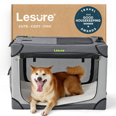 LE SURE Lesure soft collapsible dog crate in travel setup with mesh windows for easy ventilation.