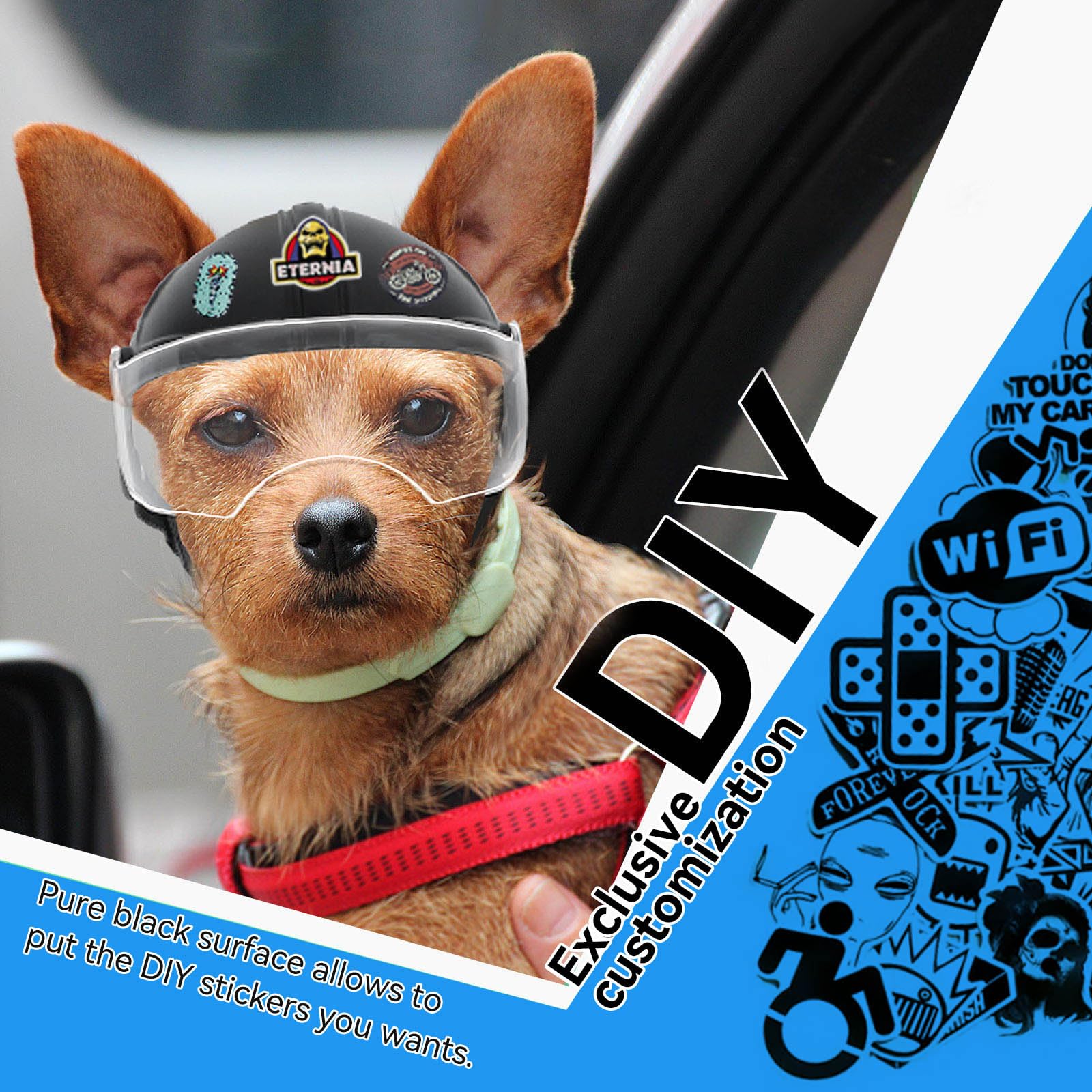 LESYPET dog helmet visor-down view emphasizing wind protection and debris shield