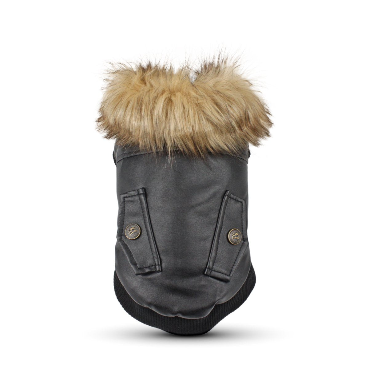 LESYPET dog leather jacket front view in black with waterproof outer layer for outdoor walks.
