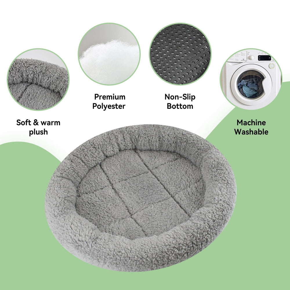 LESYPET round cat bed shows 19-inch diameter for cats and small dogs.