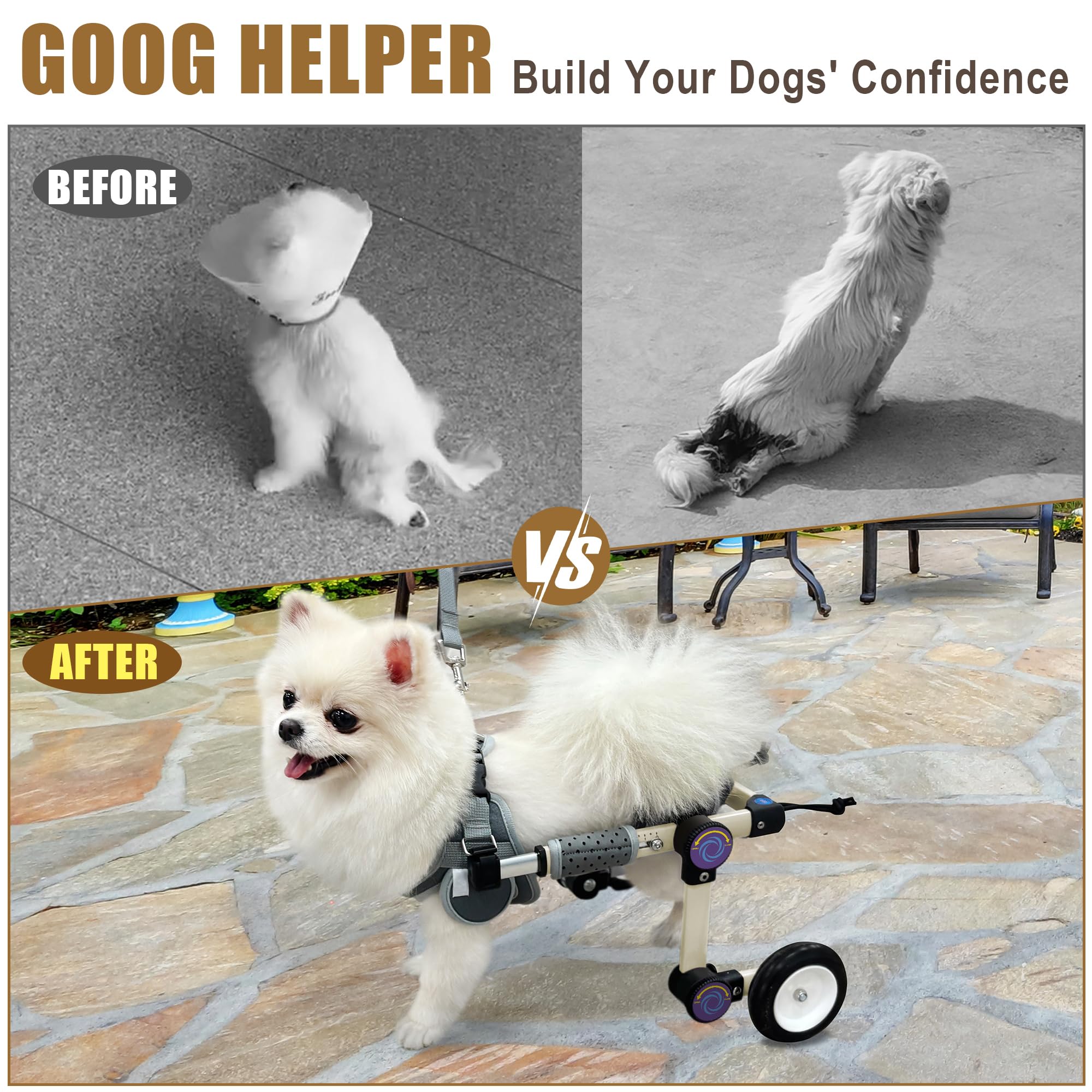 LetPetRun dog wheelchair front view highlights lightweight construction for easy portability.