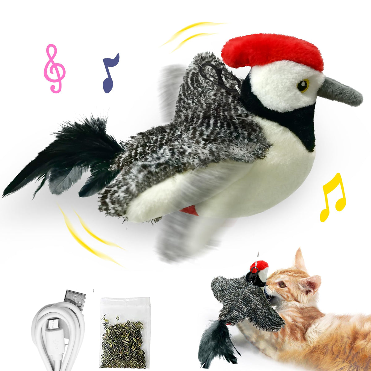 LEWISIER cat toy flapping woodpecker front view for engaging play and exercise.
