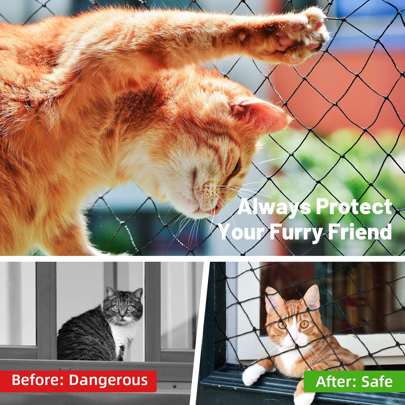 Lewondr cat netting balcony installation demonstrates easy hook and tie fitting
