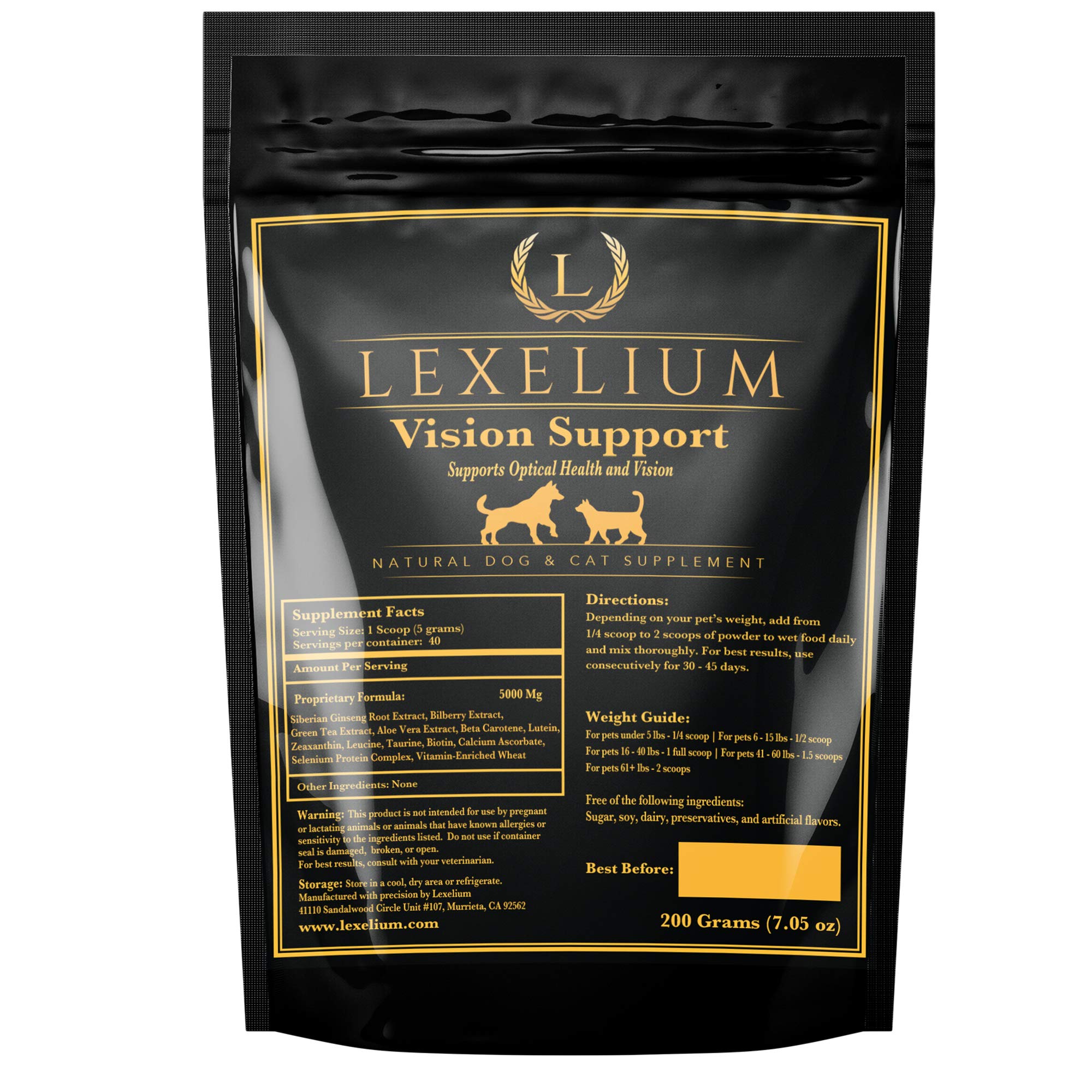 Lexelium Vision Support bottle closeup highlighting a pet eye health formula