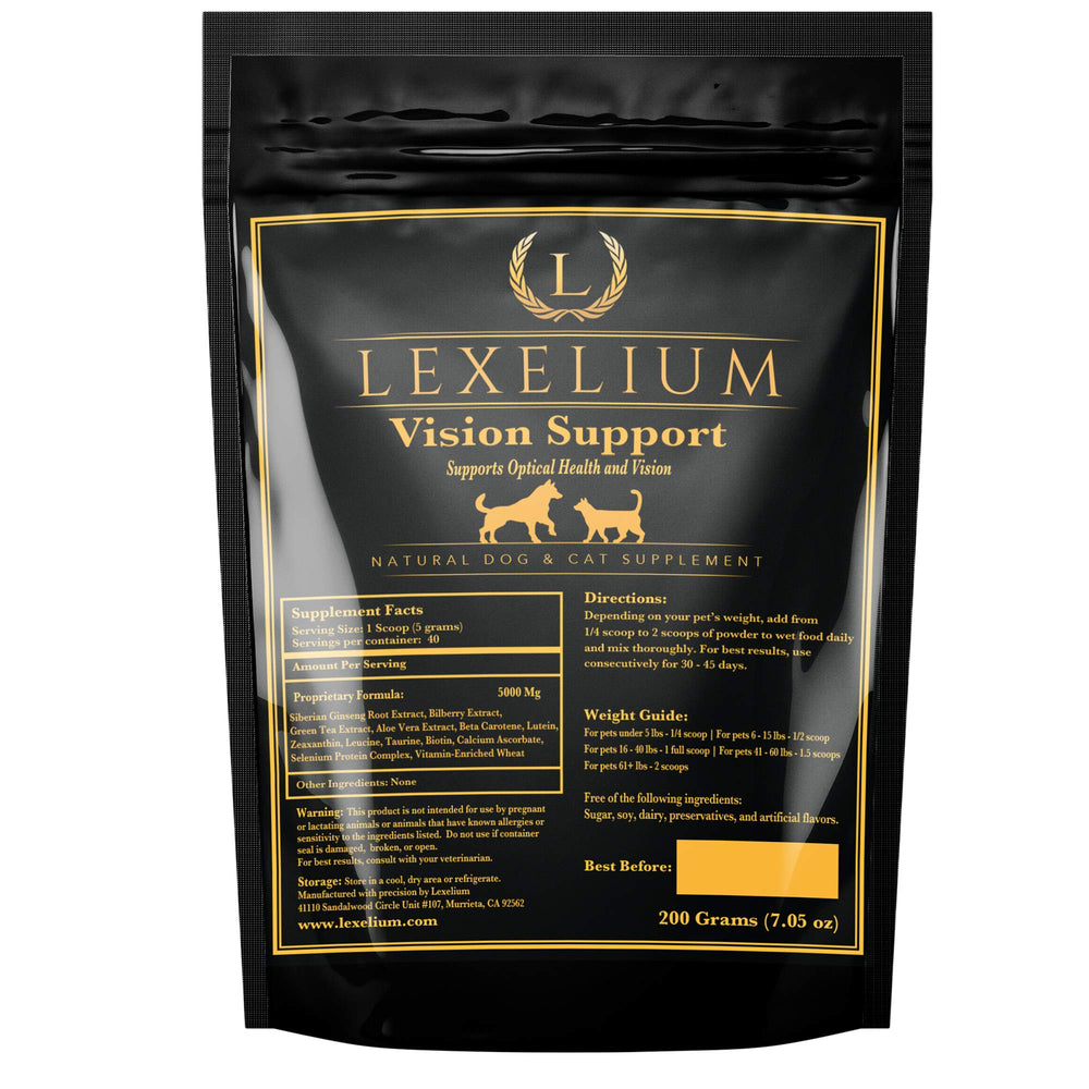 Lexelium Vision Support bottle closeup highlighting a pet eye health formula
