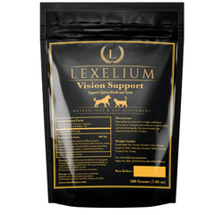 Lexelium Vision Support bottle closeup highlighting a pet eye health formula
