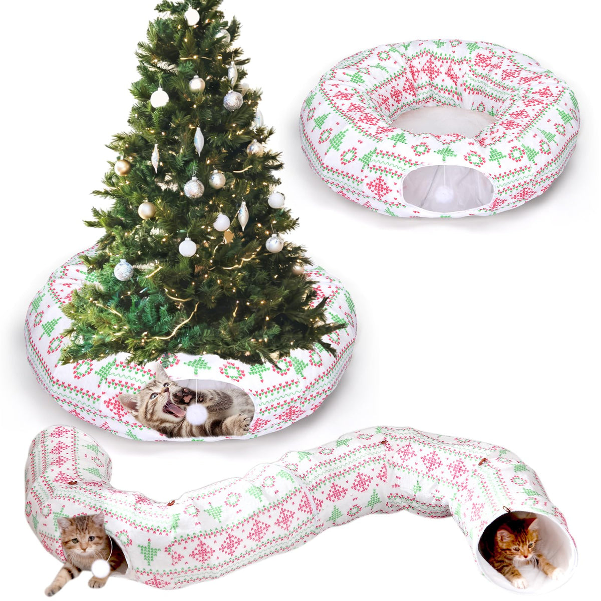 Leyndo Christmas cat tunnel around the tree skirt protects decorations during play.