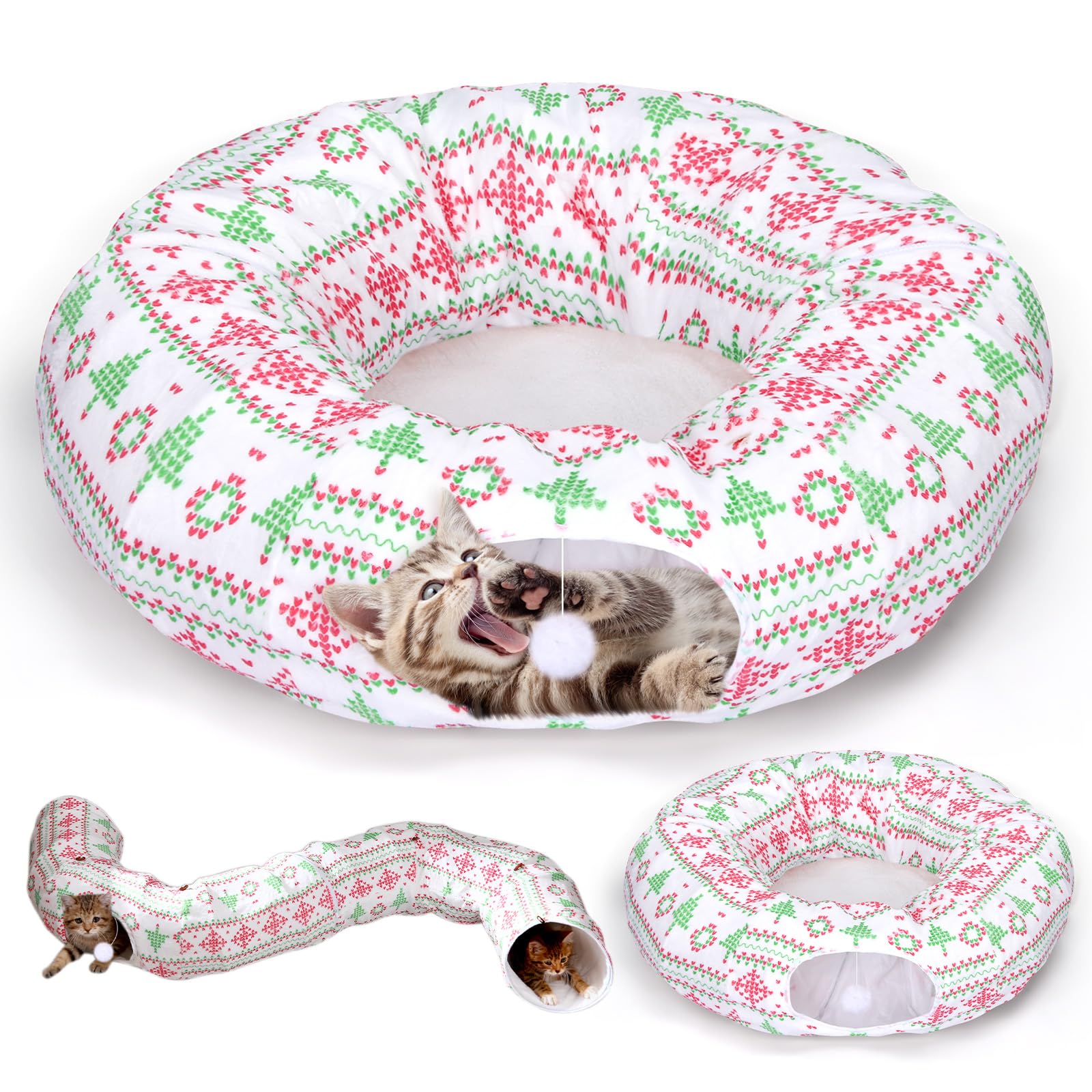 Leyndo plush cat tunnel red-green fabric offers warm, cozy exploration for indoor cats.