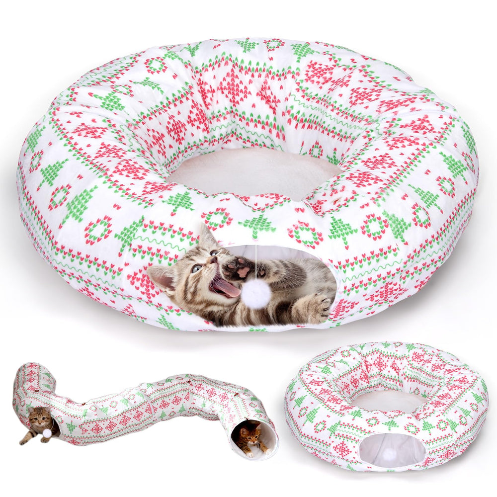 Leyndo plush cat tunnel red-green fabric offers warm, cozy exploration for indoor cats.