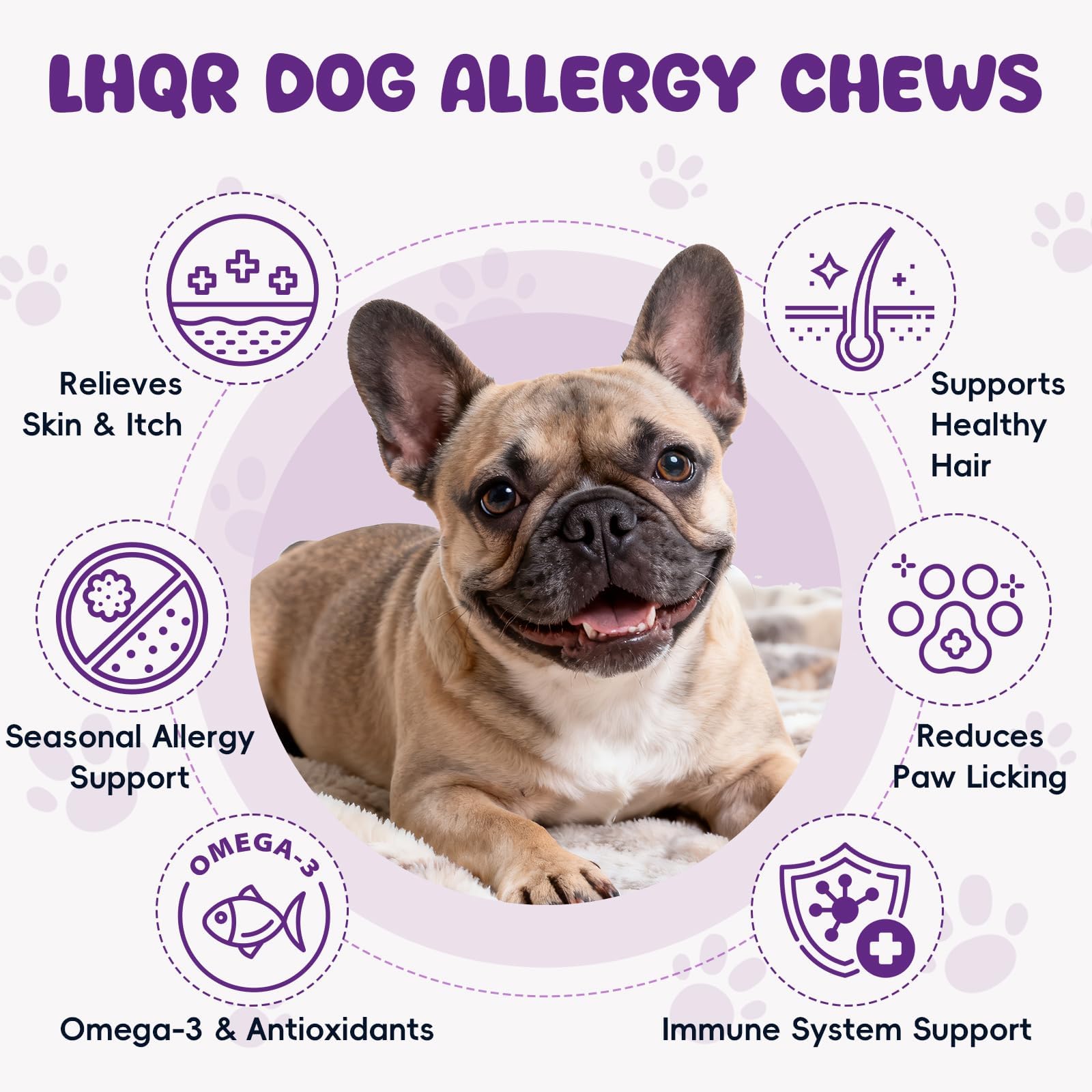 LHQR dog allergy chews close-up shows delicious chicken flavor and chewy texture.