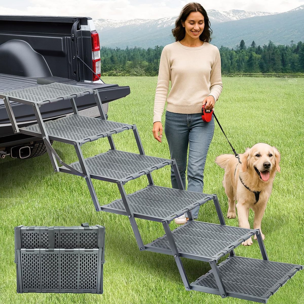 LIALEX Wide Dog Ramp folded-compact shows easy storage and portable setup.