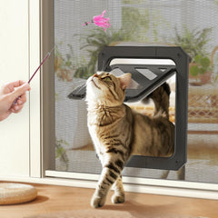 LIBBEPET cat door installed on screen door with magnetic flap for easy access and mosquito protection