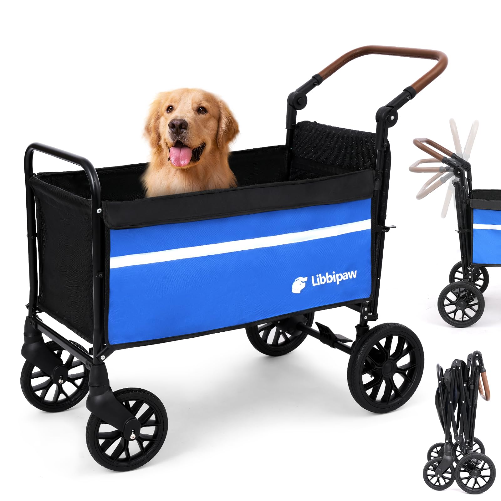 Libbipaw all-terrain dog wagon blue angled-handle for easy push or pull on walks